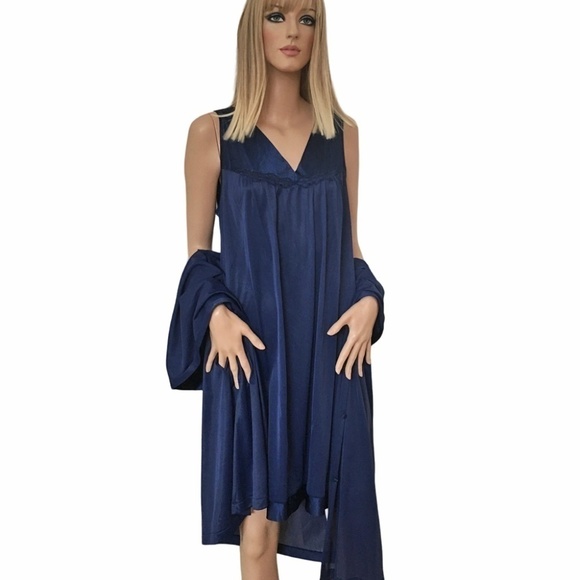 Vintage Vanity Fair Peignoir Set Lingerie Nightgown Robe Navy Sleep Embroidery - Picture 1 of 16